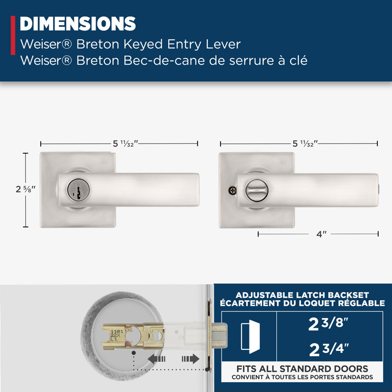 Levier de porte à clé bretonne avec rosette bretonne et SmartKey, Nickel satiné