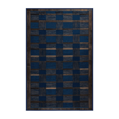 Machine Washable Checkered Blue Area Rug