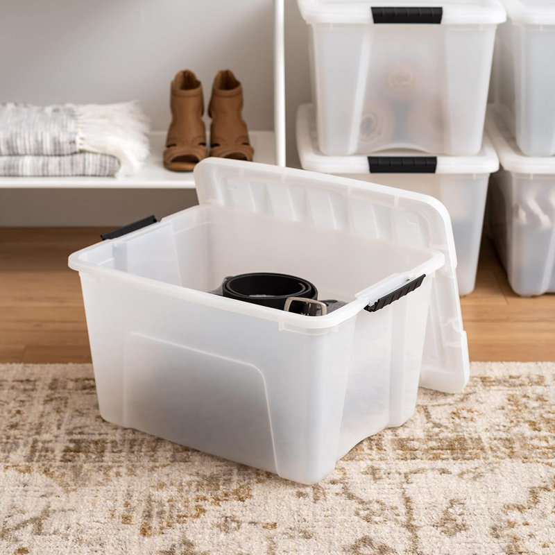 40 QT Plastic Storage Box With Lid And Latches - 4 Pack - BPA-Free, Discreet Organizing Solution, Durable Nestable Stackable Containers, Secure Pull Handle