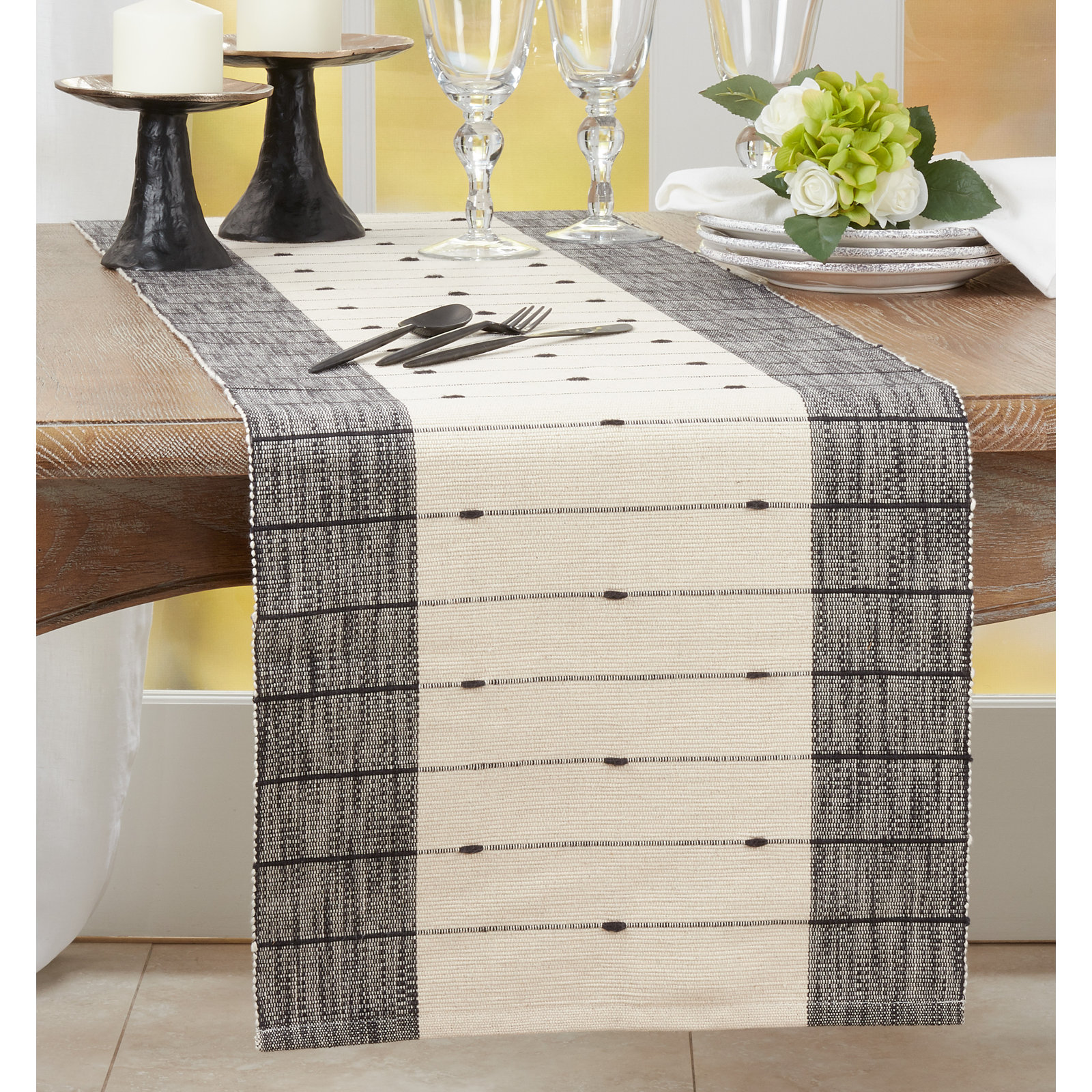 Almazan 72" 100% Cotton Table Runner, Black/White/Gray