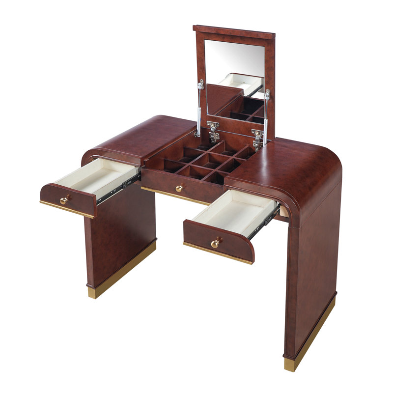 Bureau de coiffeuse classique en bois avec miroir rabattable, coiffeuse 3 en 1 avec 2 tiroirs et espace de rangement pour la chambre à coucher