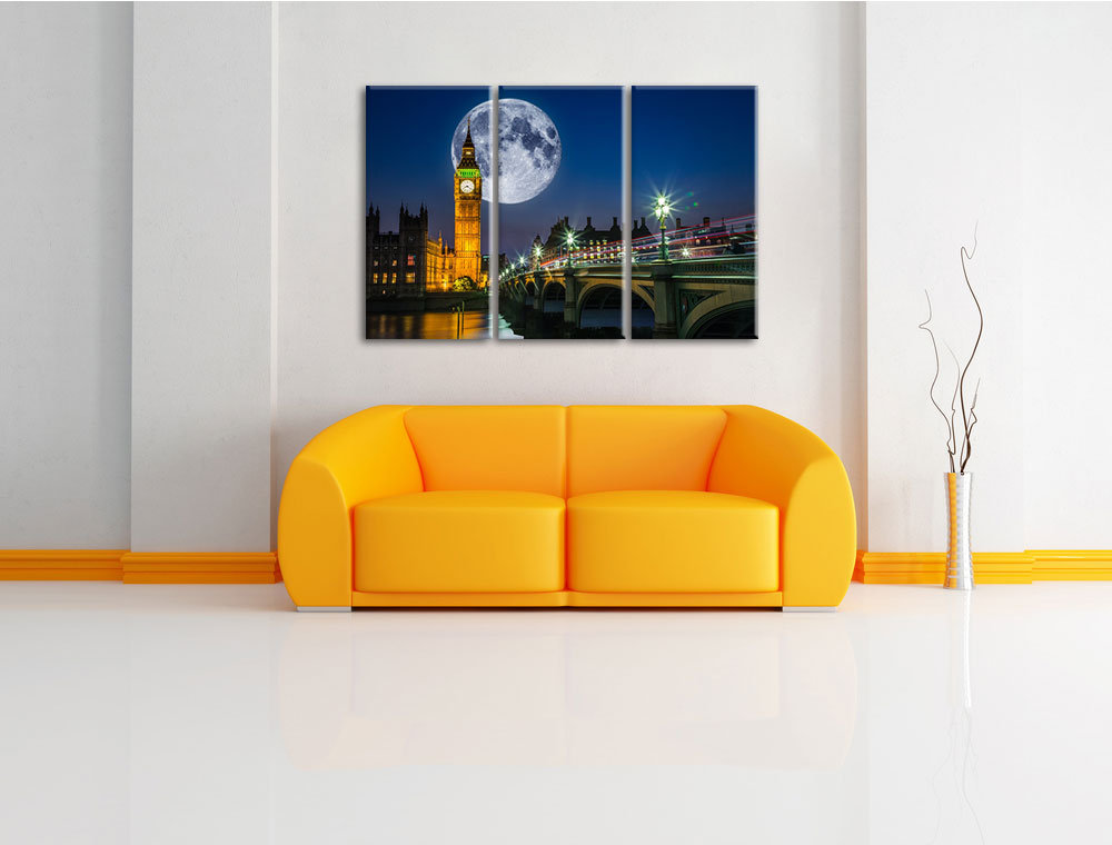 3-tlg. Leinwandbilder-Set „Big Ben vor großen Mond in London“, Fotodruck 