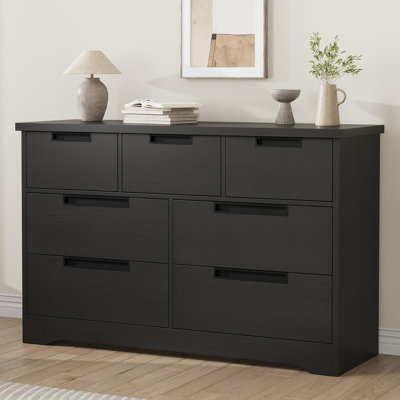 Grande commode à 7 tiroirs de 55 pouces de large - Grande commode Mid-Century en bois moderne avec tiroirs profonds pour la chambre à coucher, le salon, le vestibule, le couloir