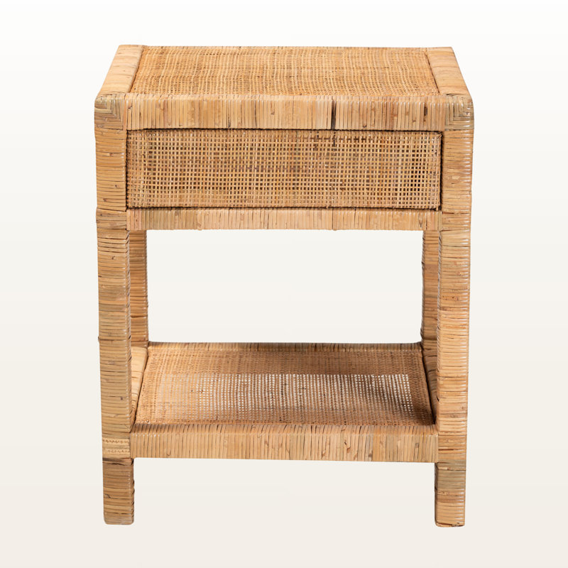 Targaryen 1-Drawer Nightstand in Rattan and Mahogany Wood, Natural 24.19'' H X 20.39'' W X 18.25'' D