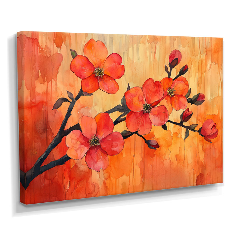 Coucher de soleil sur les branches de cornouiller de l'élégance II - art mural floral, H 12 po x l 20 po, Toile tendue