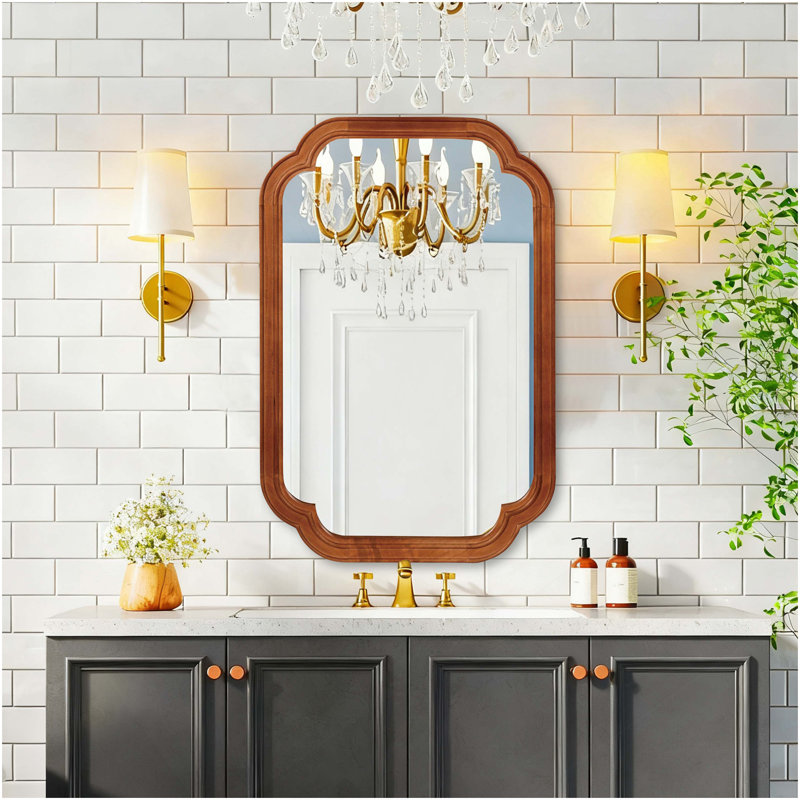 Miroir de coin arrondi en bois massif brun jaunâtre, pour rehausser le décor de n'importe quelle pièce et ajouter une touche d'élégance
