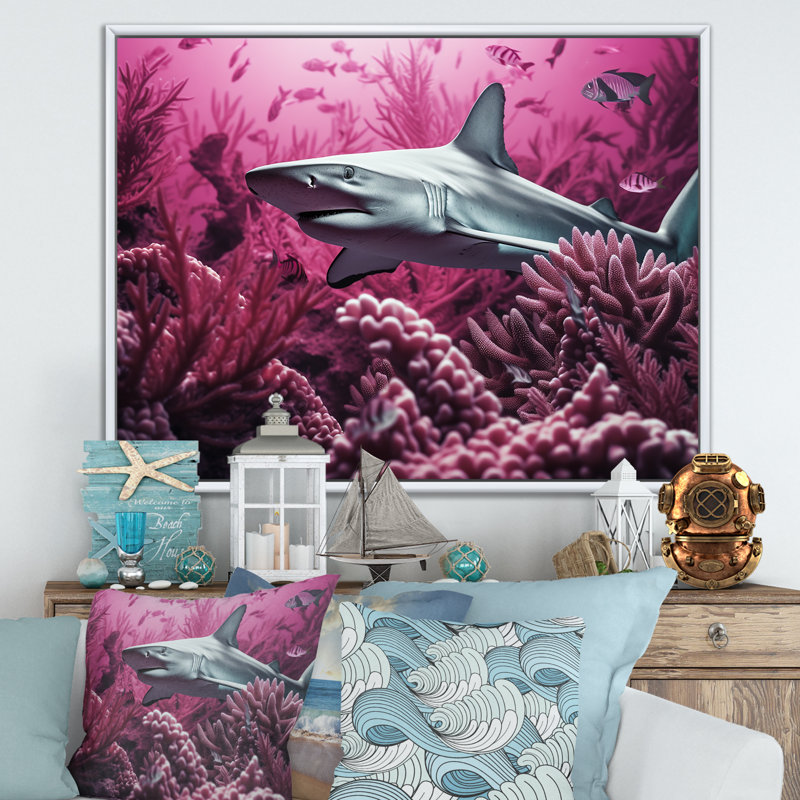 " Hammerhead Purple Sharks ", 12" H x 20" W x 1" D, Black Floater Framed
