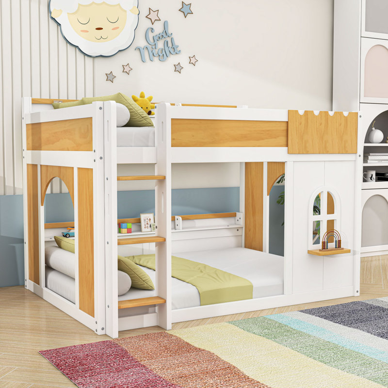 Lit superposé en bois multifonctionnel avec tablettes, Lit superposé double sur double