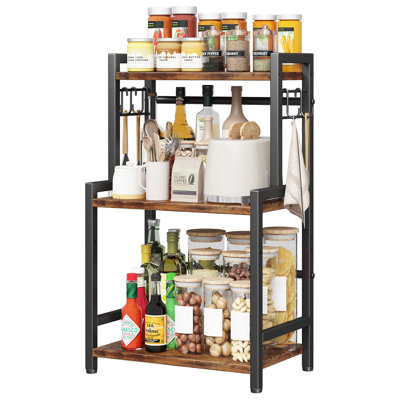Kitchen Countertop Organizer,3 Tier Large Spice Rack Organizer with Adjustable Shelf and 5 Hooks,Wooden Counter Organizer,Space Saving Countertop Shelf Microwave Stand for Kitchen,Bathroom,Coffee Bar（Rustic Brown）