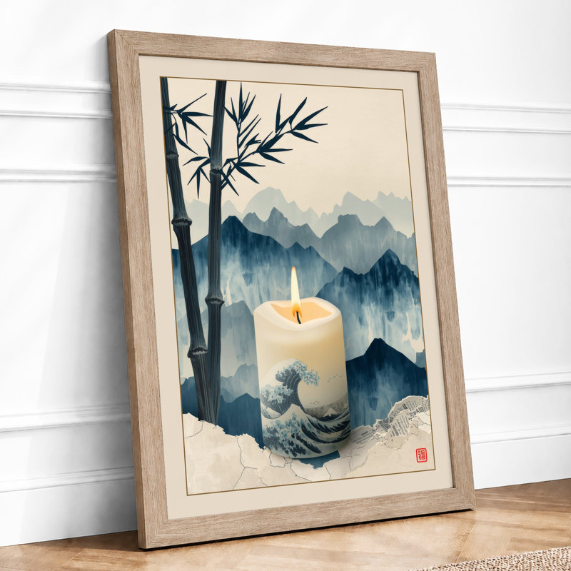 Candlelit Meditation Japandi - Framed Print, Oak, A3 - 42.0 x 29.7 cm