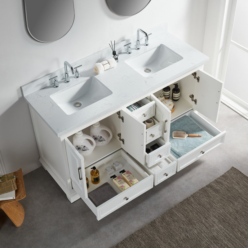 Meuble-lavabo double autoportant avec pierre artificielle, Blanc