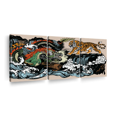 " Oriental Dragon And Tiger Wall Art Multi Piece Canvas Print " 3 - Pieces