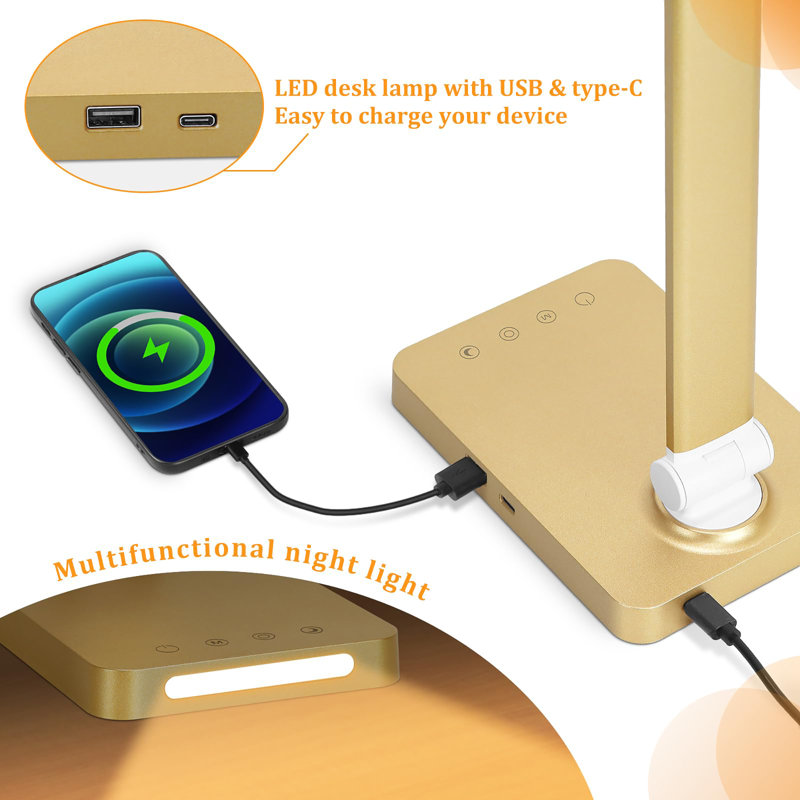 LED Desk Lamp with USB Ports,Touch Desk Lamps for Home Office with 5 Color Modes,3 Brightness Desk Light with Small Night Light,Reading Lamp Table Lamp for Bedroom Bedside Study(with adapter)