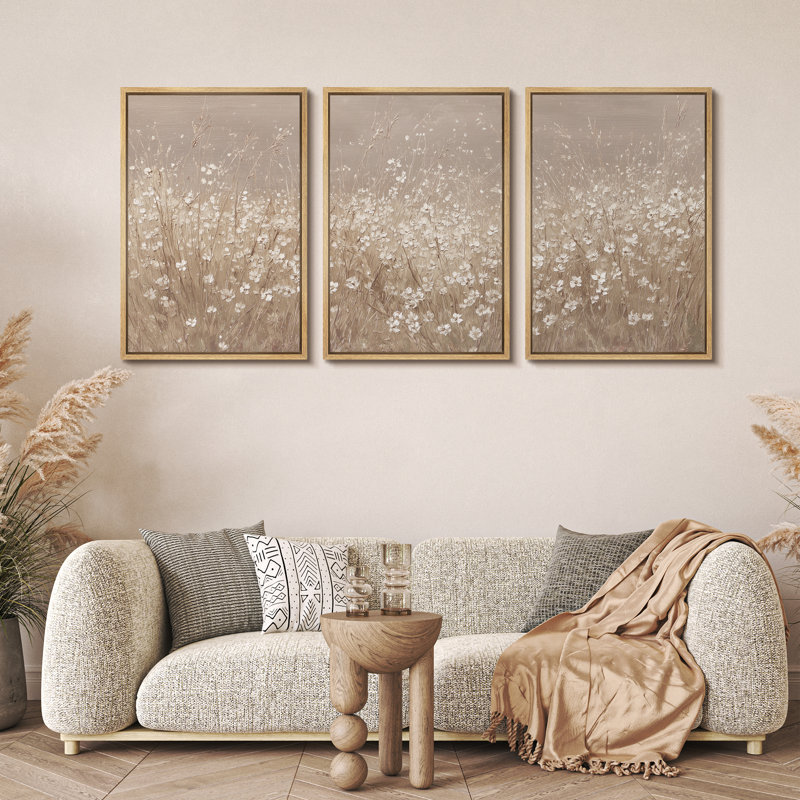 «Neutral Wildflower Field with Soft White Blossoms», reproduction d'art sur toile encadrée 3 pièces, Cadre naturel
