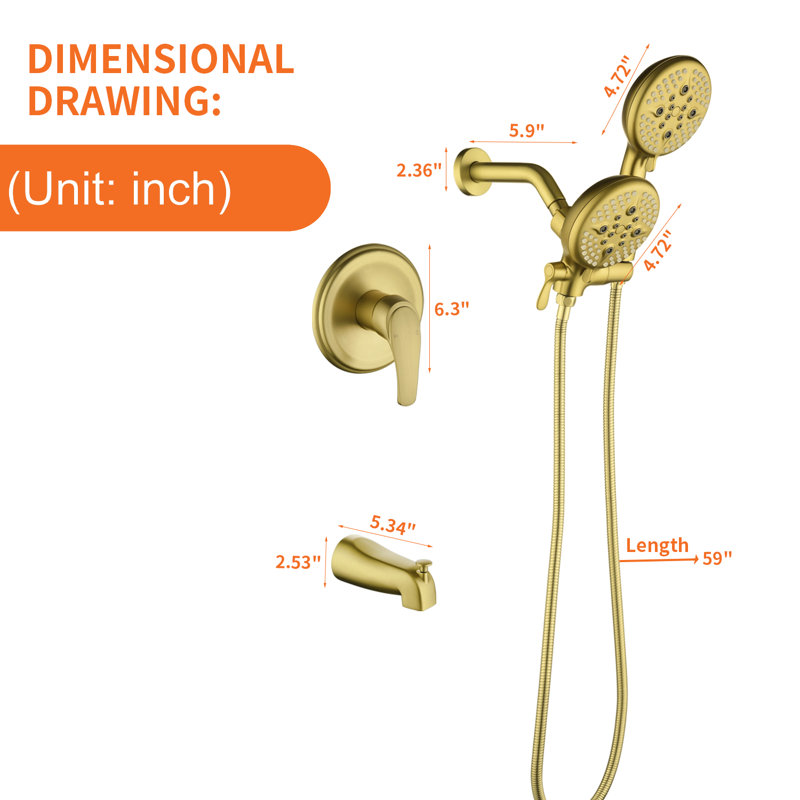 Tub & Shower Faucet with Rough in-Valve, Brushed Gold