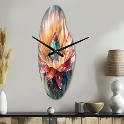 Orange Green Cactus Flower III - Cactus Curved Metal Wall Clock, Orange Asymmetrical Metal Wall Clock Print