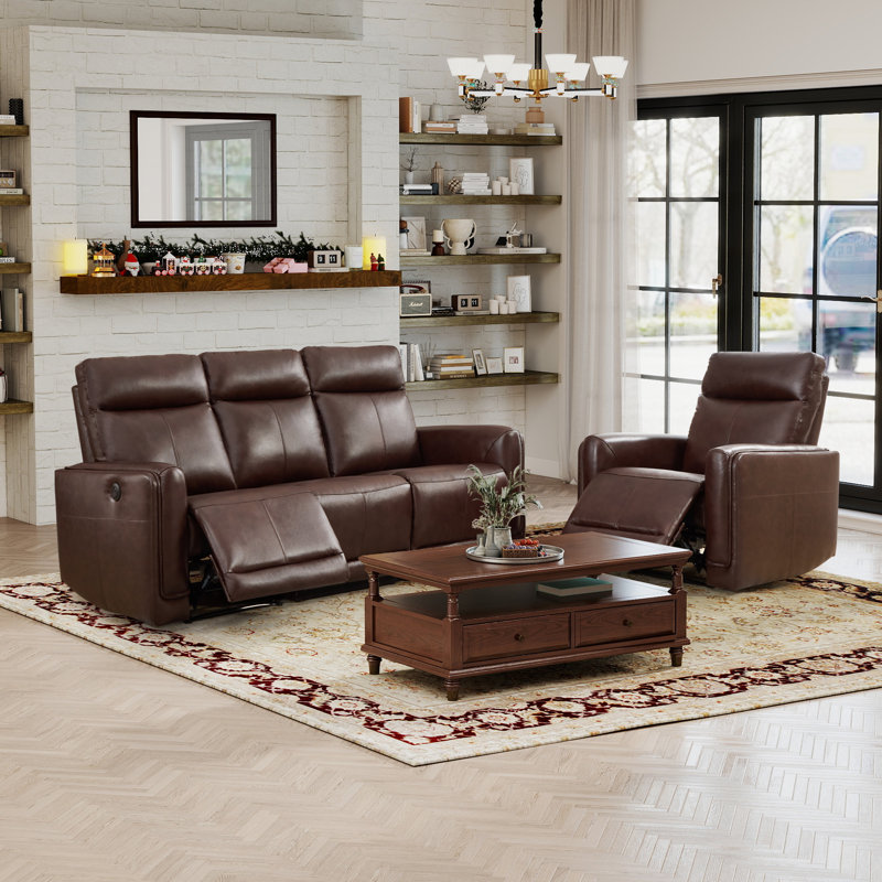 Ensemble de salon inclinable électrique en cuir fleur 2 pièces: fauteuil inclinable électrique + canapé avec Type-C et USB