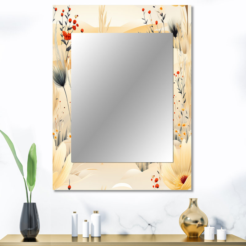 Budowski motif de fleurs de prairie beige - miroir floral, miroir mural décoratif floral, impression d'art en métal