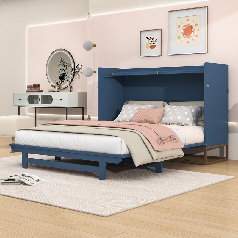 Grand lit escamotable avec rangement multifonctionnel et lattes, Bleu