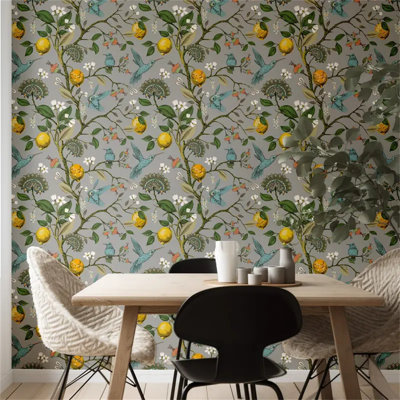 17.7" X 118" Floral And Bird Pattern Self-adhesive Wallpaper, Waterproof Lemon Tree And Blue Bird Design
