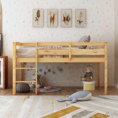 Lit mezzanine simple en bois avec échelle, conception peu encombrante pour les petites pièces et utilisation multifonctionnelle