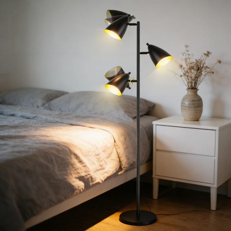 Industrial Tree Floor Lamp With 3 Adjustable LED Lights, Dimmable Standing Lamp For Living Room, Bedroom, Or Office Reading