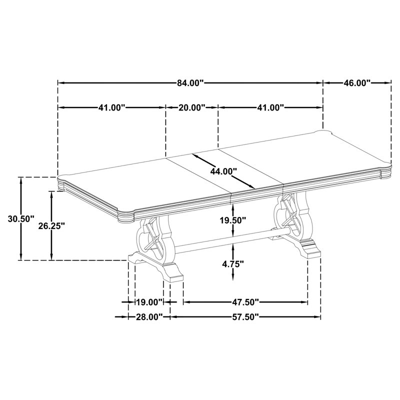 Table de salle à manger extensible à double piétement Cresswell de 264 cm (104 pouces), couleur taupe vieilli