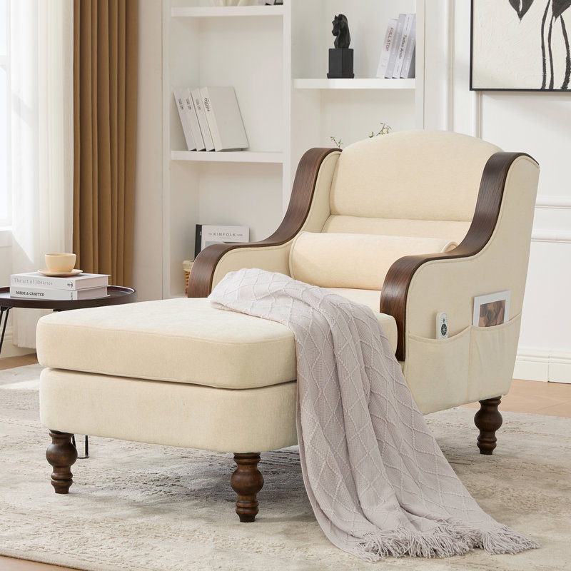 Chaise longue rembourrée en chenille de 27,2 po de largeur avec coussin lombaire et accoudoirs, Beige