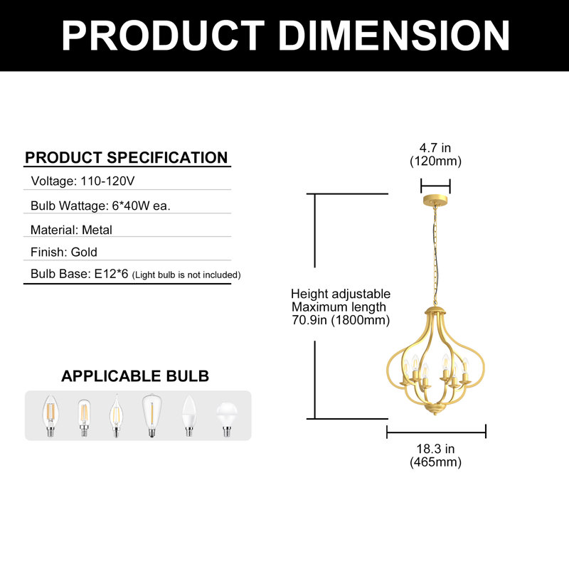 18.3''(W)  6 - Light Geometric Chandelier With Adjustable Height