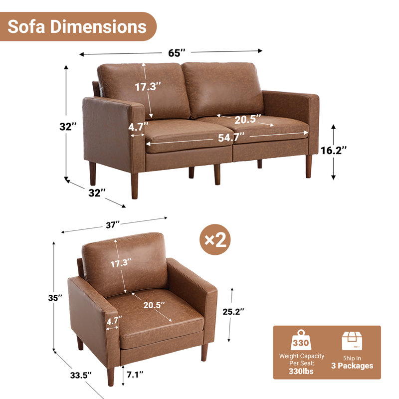 Modern 2 Accent Chairs And Loveseat Living Room Set, Mid-Century Upholstered Furniture, Brown Faux Leather