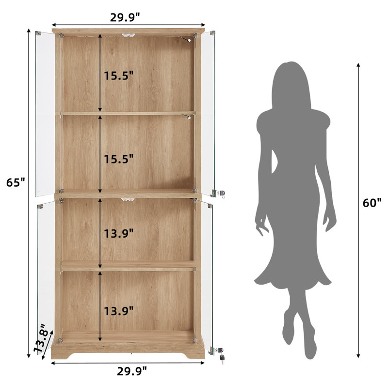 Farmhouse Display Cabinet with Glass Doors, Curio Cabinet with 3-Color LED Motion-Sensor Light (Natural Wood), Natural