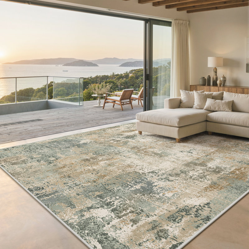 Pavelina Abstract Morden Machine Washable Non-Slip Green / Beige Indoor Area Rug, Rectangle 9' x 12', Green