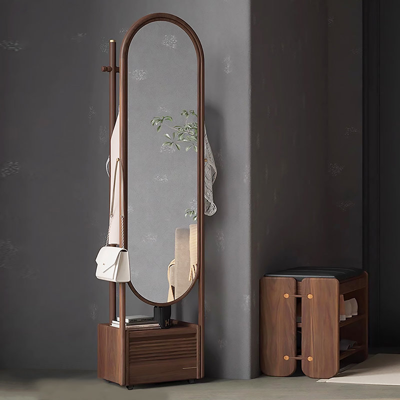 American-Style Vintage Walnut Movable Storage Full-Length Mirror