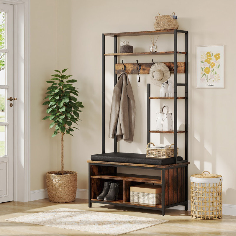 All-in-One Entryway Storage with Bench – Flip Shoe Cabinet, Cubbies & Shelf, Brown