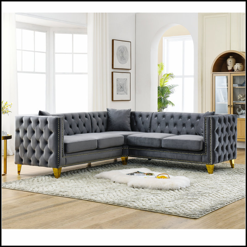 Luxueux canapé d'angle en velours de 209 cm (82,2 pouces) avec 3 coussins, idéal pour les salons et les petits espaces.