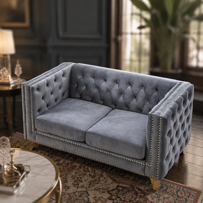 Modern Velvet Sofa with Tufted Buttons and Metal Legs for Living Room and Bedroom