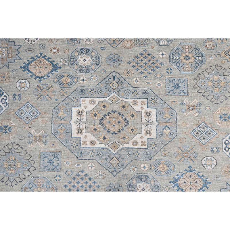 Tapis unique bleu, brun et blanc de 10 pi x 13 pi 8 po