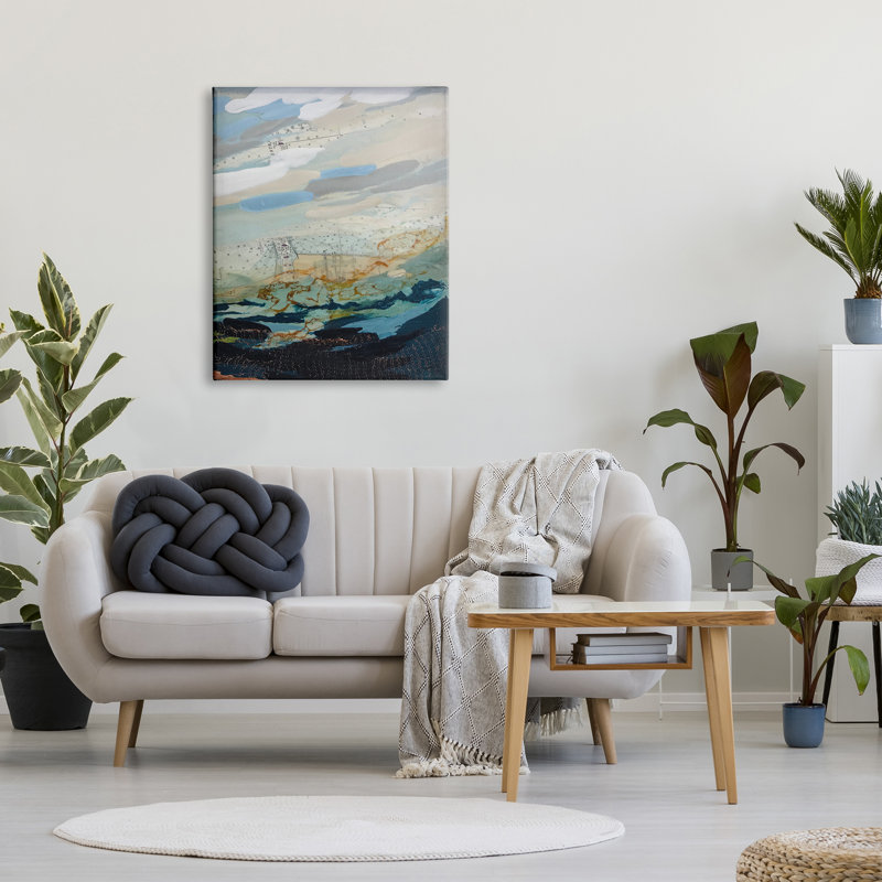 Large Blue and Beige Abstract Ocean Canvas Art with Wooden Frame
