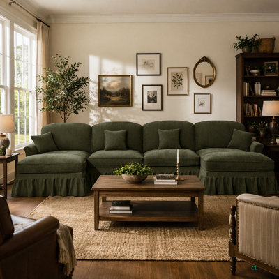 Classic U Shape 4 Seater Modular Sectional Sofa Couch With Flared Arms And Removable Ruffles Pleats Skirts And Spindle Legs, Chenille Deep Seat Cloud Sofa With Movable Ottomans, Green