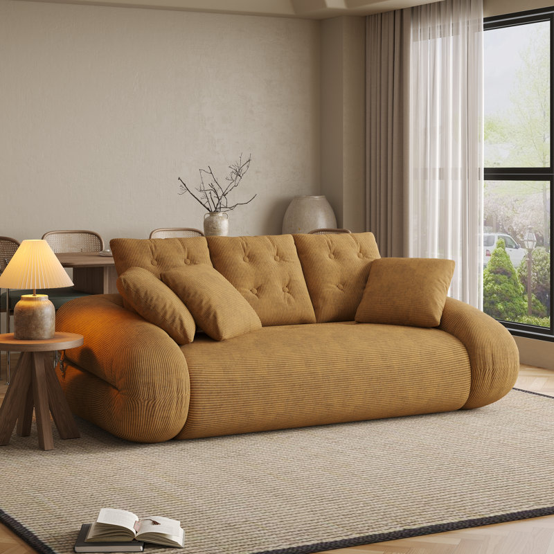 Boneless Corduary Lounge Sleeper,Convertible Sofa Bed With Compress Sponge,With Pillows, Yellow