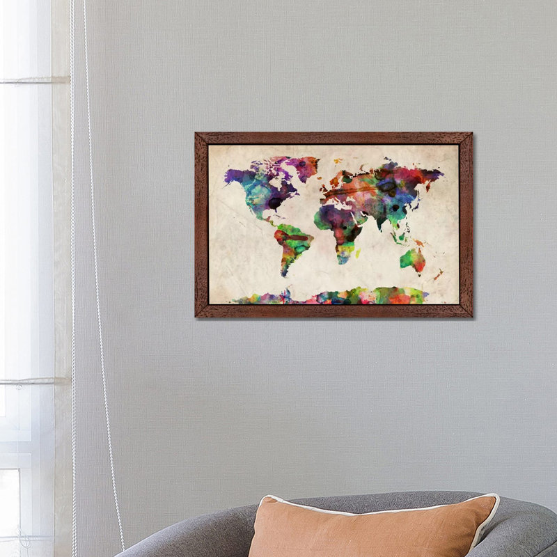 World Map Urba Watercolour II by Michael Tompsett - Print on Canvas, 101.6 cm H x 66.04 cm W, Brown Framed