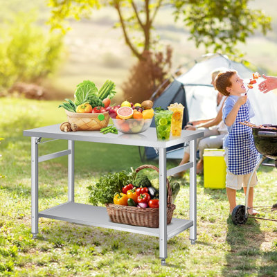 Table pliante en acier inoxydable (36 x 24 po) - Table de travail commerciale avec tablette inférieure, charge de 920 lb, poste de travail pliable à deux niveaux en acier inoxydable pour la maison, la cuisine, le restaurant, le garage, le camping et l'extérieur