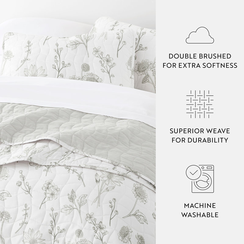 Full Gray Reversible Microfiber Quilt Set with Floral Pattern
