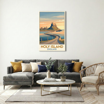 Holy Island, England - Lindisfarne Travel Poster | Tidal Causeway And Castle. Giclee Print On Wrapped Canvas. Wall Art, Home Decor - Religious & Cultural Sites, England - Wrapped Canvas Print