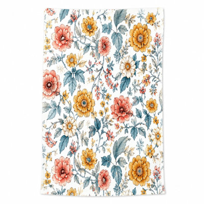 1Pcs Vintage Floral Beach Towel, featuring large blooming flowers with coral and yellow petals soft green leaves, watercolor art design. Microfiber fabric, ideal for, pool, travel, unisex.