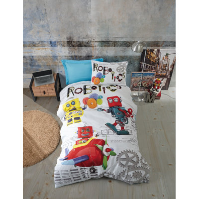 Ensemble de housse de courtepointe 100% coton Ranforce Young, bleu et blanc, rouge | Comprend une housse de couette 63 x 87, un drap-housse 39 x 79, une taie d'oreiller 20 x 28 | Lavable à la machine, impression de pigment élégante, fermeture d'enveloppes et de boutons