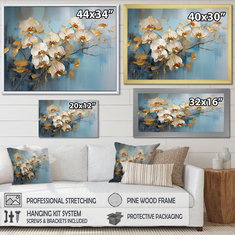 Orchidées beiges et dorées Simplicity IV sur toile, H 24 po x l 32 po x P 1 po, Cadre doré simple