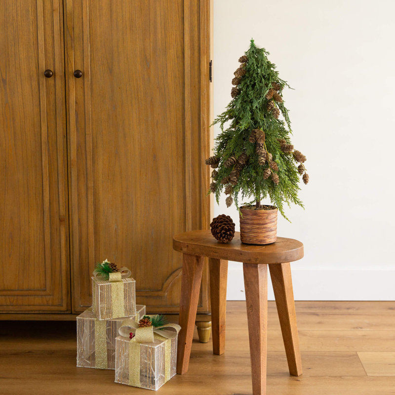 2Ft. Artificial Down Swept Cedar Christmas Tree With Pinecones In Rustic Decorative Planter