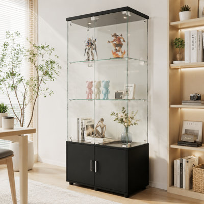 Armoire de rangement noire à quatre portes à deux niveaux - Présentoir, vin et classeur - Comprend un éclairage télécommandé et des pieds à hauteur réglable