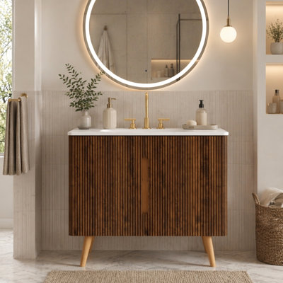 Ensemble de meuble-lavabo autoportant mural et en noyer rayé 36 po avec lavabo 36 po F pour salle de bain moderne, KD